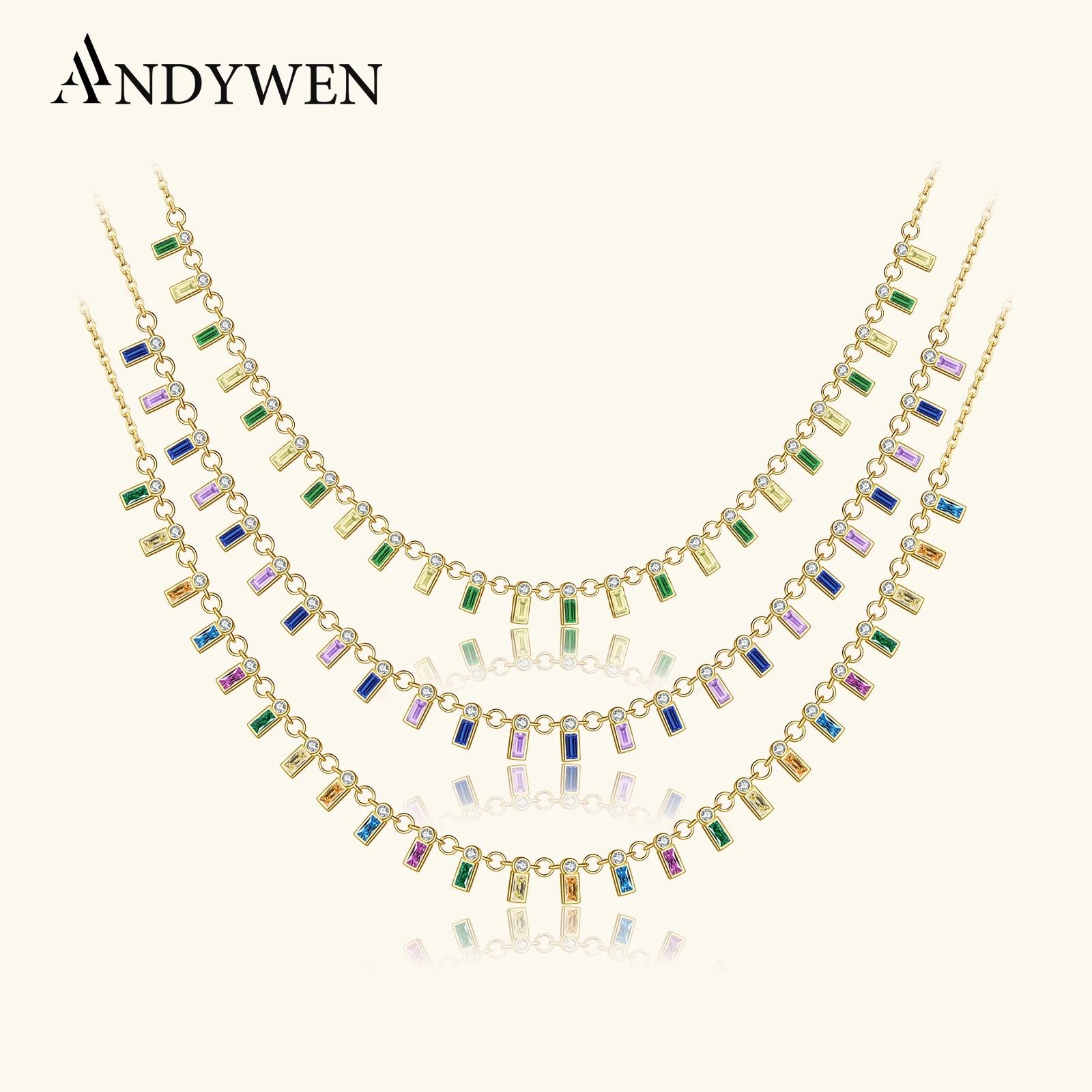 

ANDYWEN 925 Sterling Silver Colorful Zircon Purple Blue Crystal Charm Chocker Necklace Long Chain Fashion Luxury Jewelry Gift