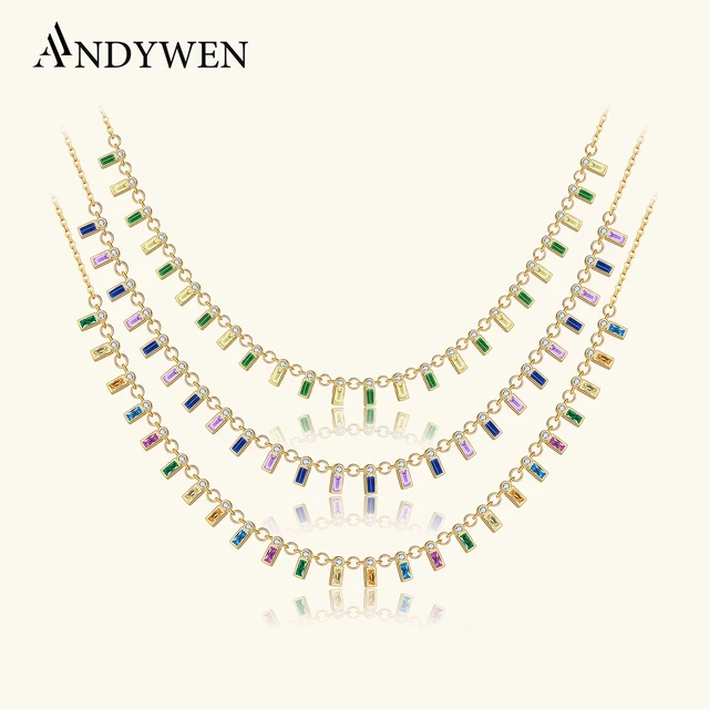 ANDYWEN 925 Sterling Silver kolorowa cyrkonia fioletowy niebieski kryształowy wisiorek Chocker naszyjnik długi łańcuszek moda luksusowa biżuteria na prezent