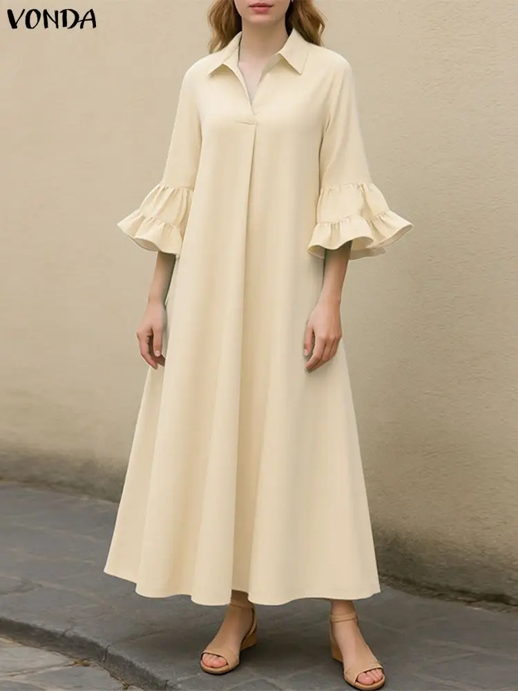 

5XL VONDA Plus Size Women Elegant Maxi Dresses Lapel 3/4 Sleeve Ruffled Long Vestidos Casual Solid Party Robe Office Sundress
