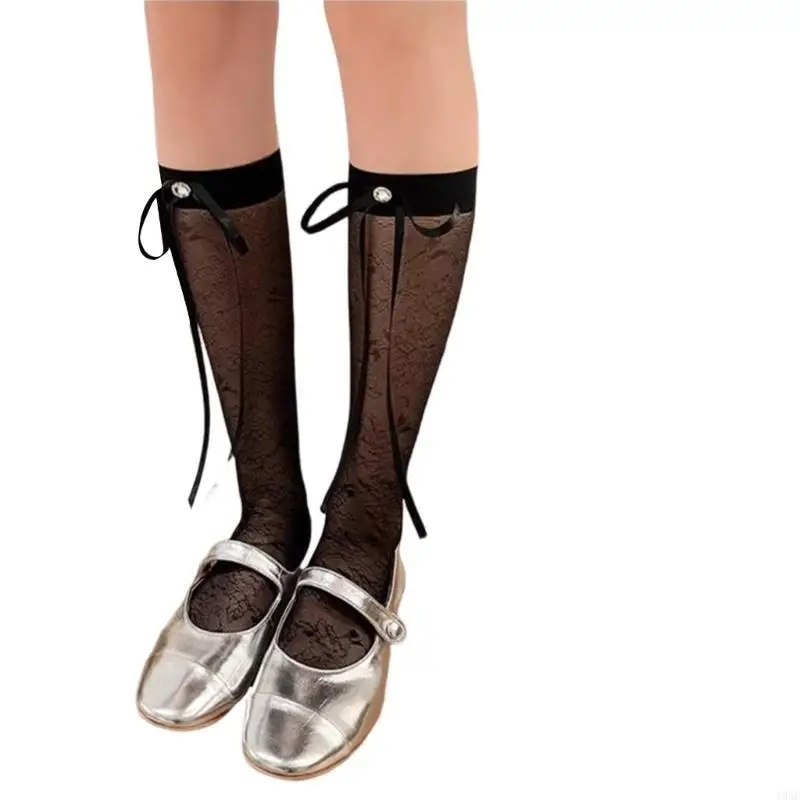 

195E Korean Elegant Women Sheer Mesh Socks Rhinestones Bowknot Silk Over Calf Socks