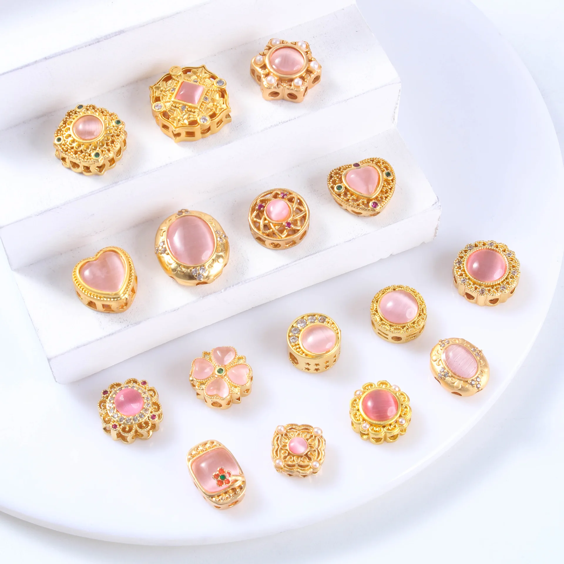 10 Pieces Copper Plated Inlaid with Pink Cat Eye Bead Accessories DIY Handmade Bracelet Necklace Jewelry Making Bead Wholesale