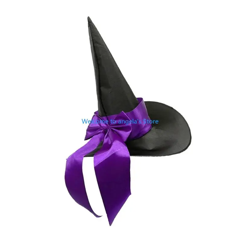 X4YC Bowknot Wrap Witch Hat Fabric Pointed Hat For Adult Halloween Costume Accessory
