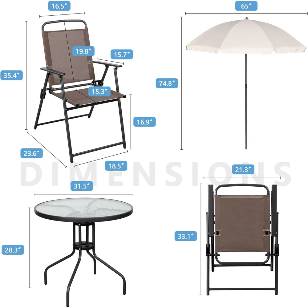 طقم طعام فناء مكون من 6 قطع مع مظلة، طقم أثاث خارجي مع 4 كراسي قابلة للطي وطاولة طعام من الزجاج المقسى #3