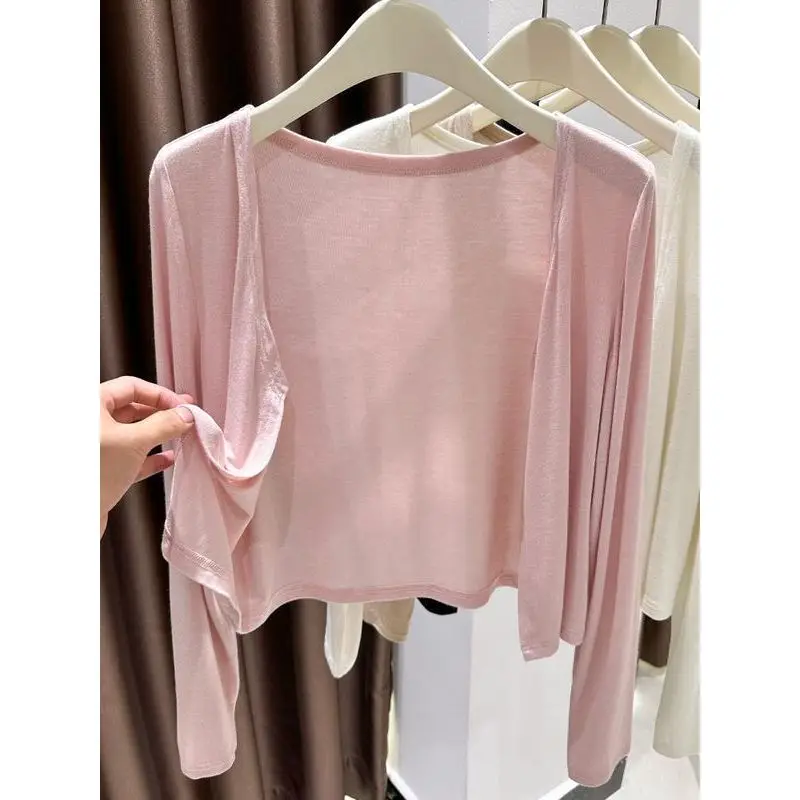 Pink Lightweight Modal Cardigan Women's Summer Thin Shawl Outerwear Strap Dress Slimming Cover up Breathable V-Neck Short Sleeve