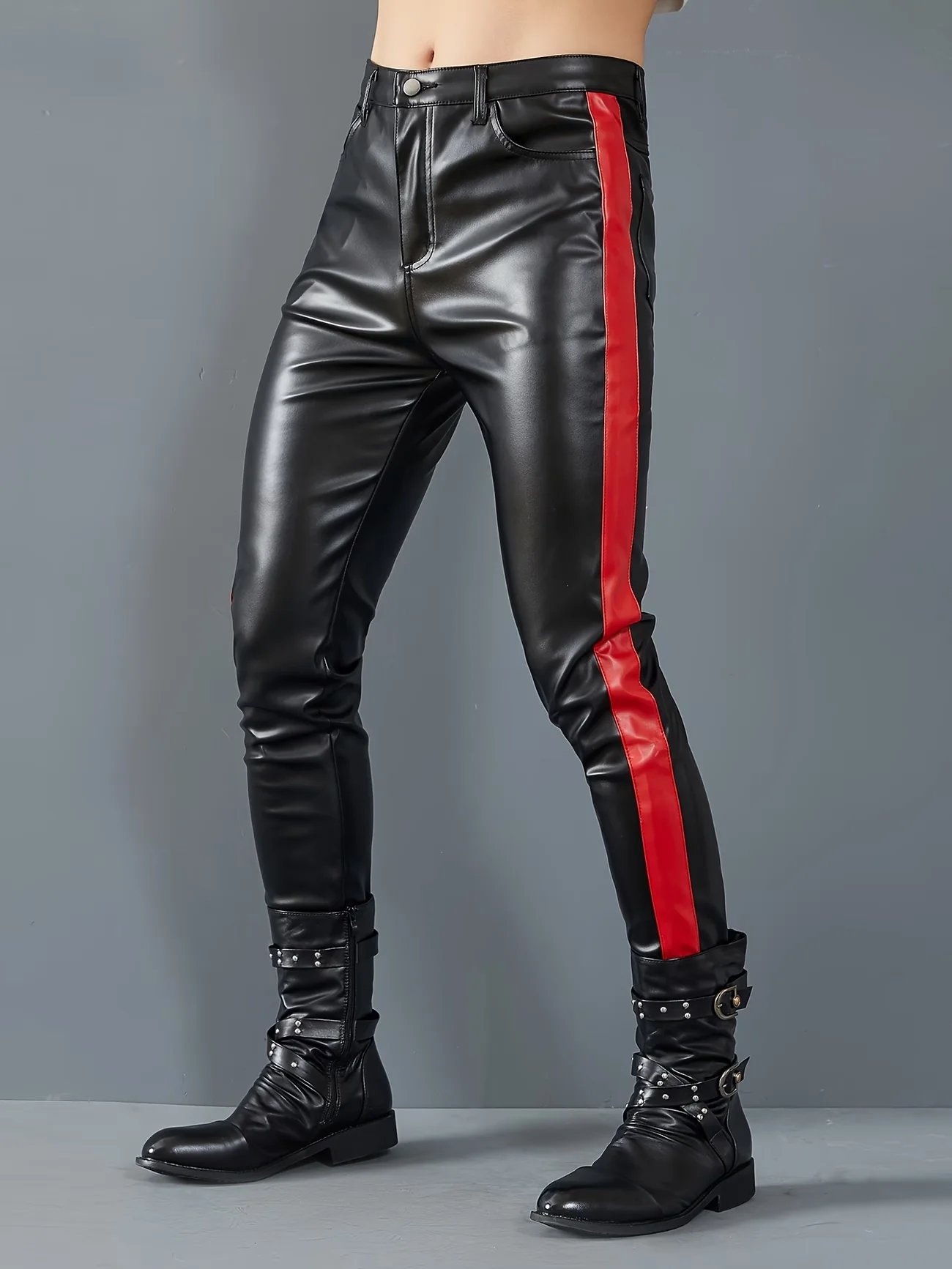 Herren Dehnbare Patchwork Outdoor Halloween Party Cosplay Biker Motorrad PU-Lederhose – Detail 3