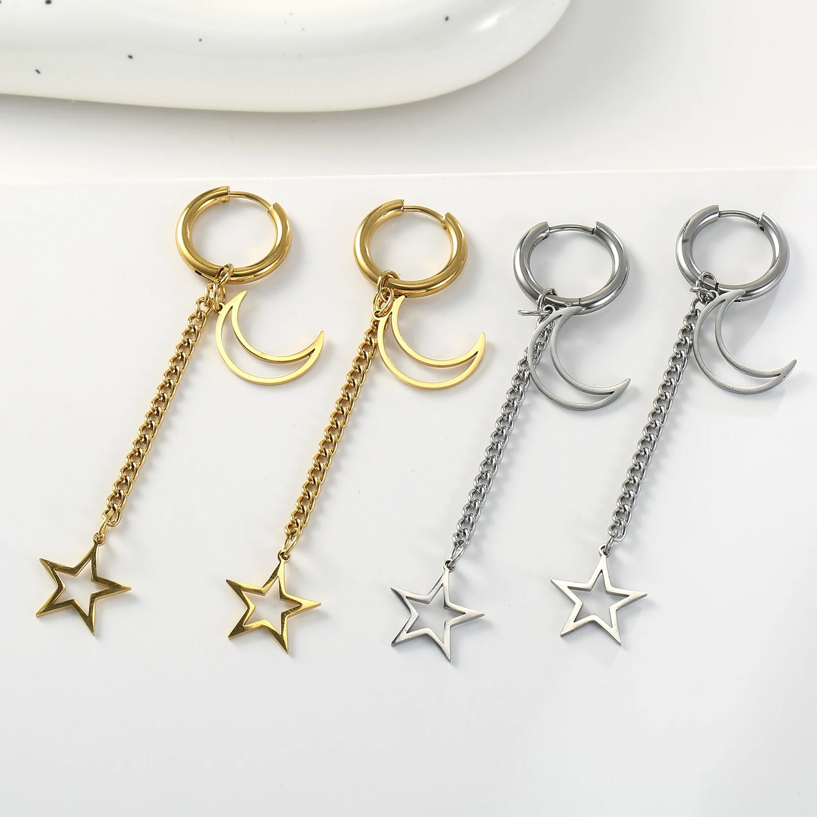 Kkjoy Edelstahl Neue Design Kette Hoop Ohrring Für Frauen Hohl Solide Stern Mond Anhänger Knorpel Ohrring Piercing Schmuck – Detail 24