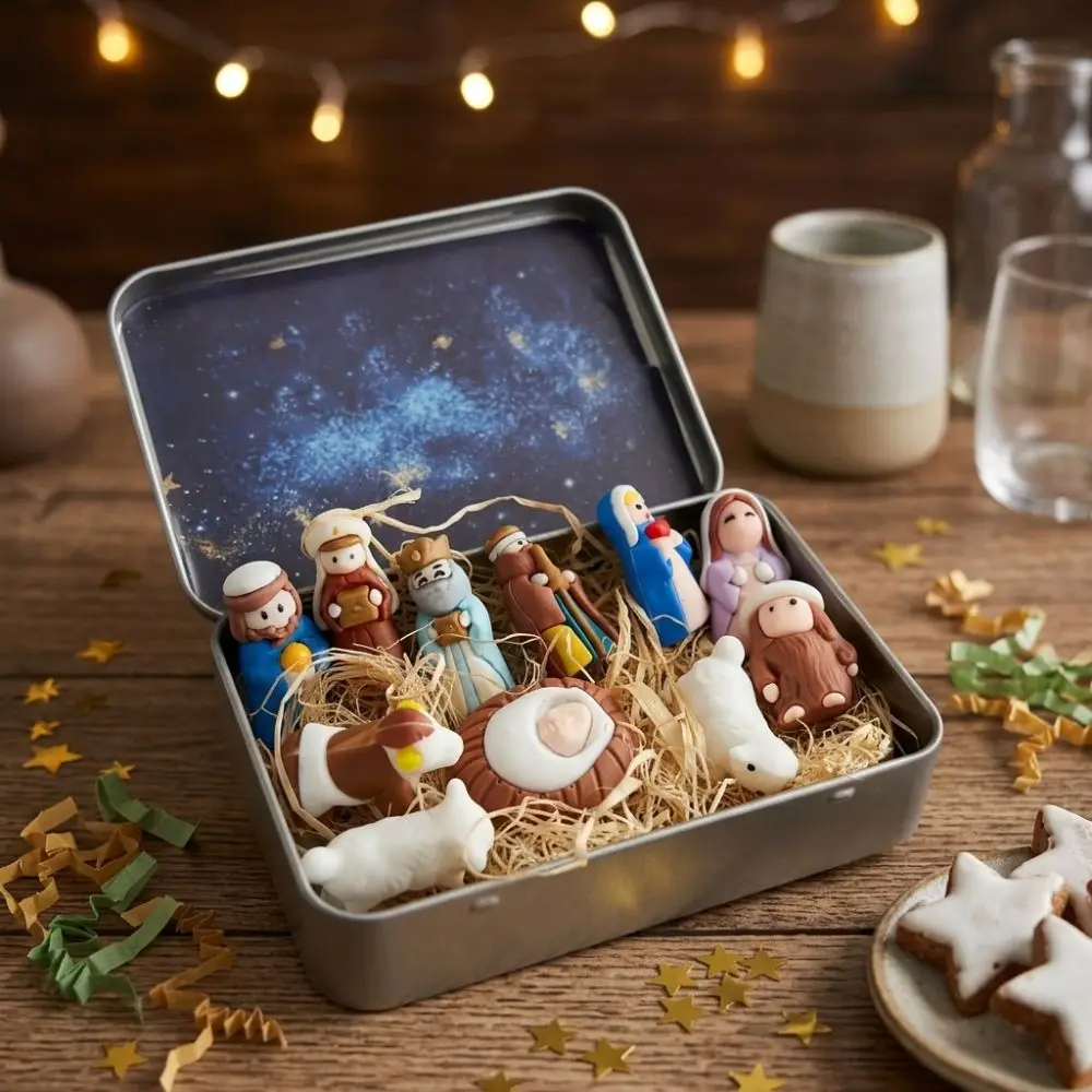 Metal Tin Box Mini Christmas Trough Set Holy Family Hand Painted Xmas Manger Ornaments 3D Printed Shepherd Animal