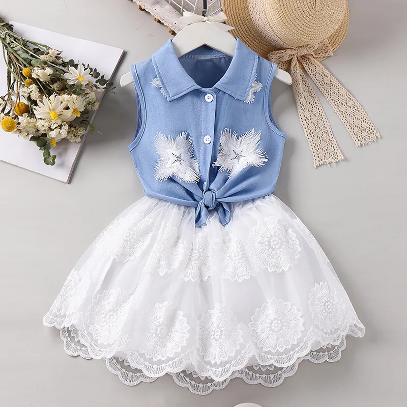 Childrens Sets Clothing Europe  America Summer Trend Embroidery Cowboy Lapel Collar Tops Mesh Yarn Lace Flower Edge 2024