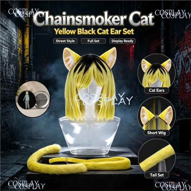 Accesorios de Cosplay de Anime Chainsmoker Cat, Peluca Sintética Esponjosa Yani Neko Yakuneko, Juego de Orejas y Cola de Gato, Accesorios de Cosplay para Halloween