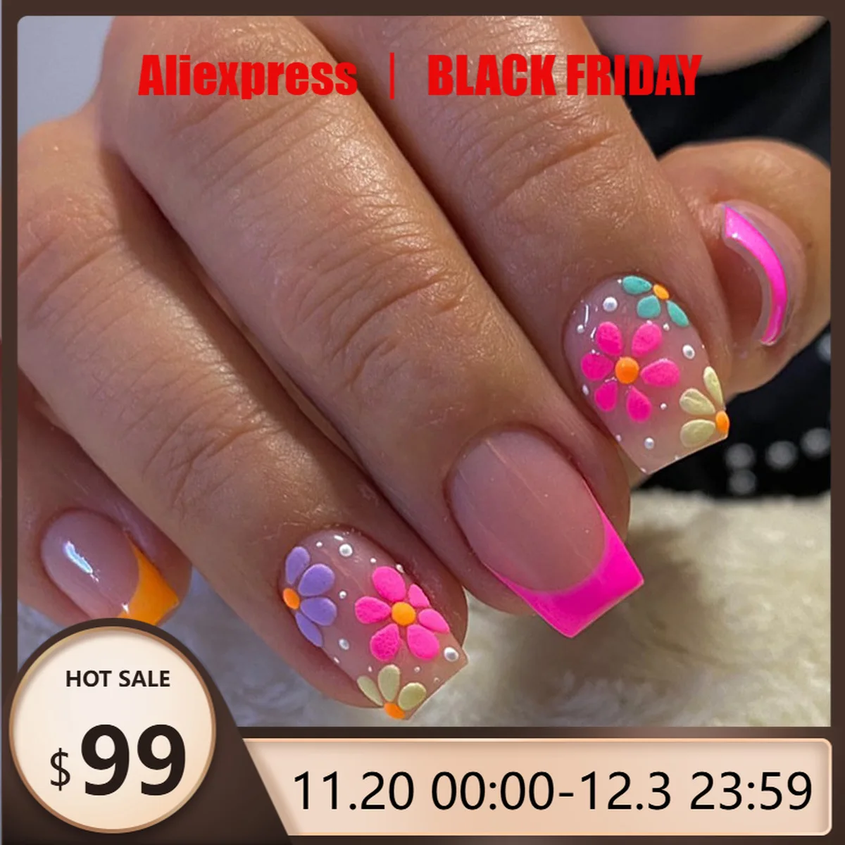 

24pcs Colorful Flower French Tip Press On Nails - Glossy Full Cover Short Square False Nails-Perfect for Spring and Summer Wear