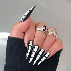 2024 Halloween Stiletto Black False Nails with White Style Retro Trend Skeleton Palm Design Glossy Stick on Nails for Women 24P