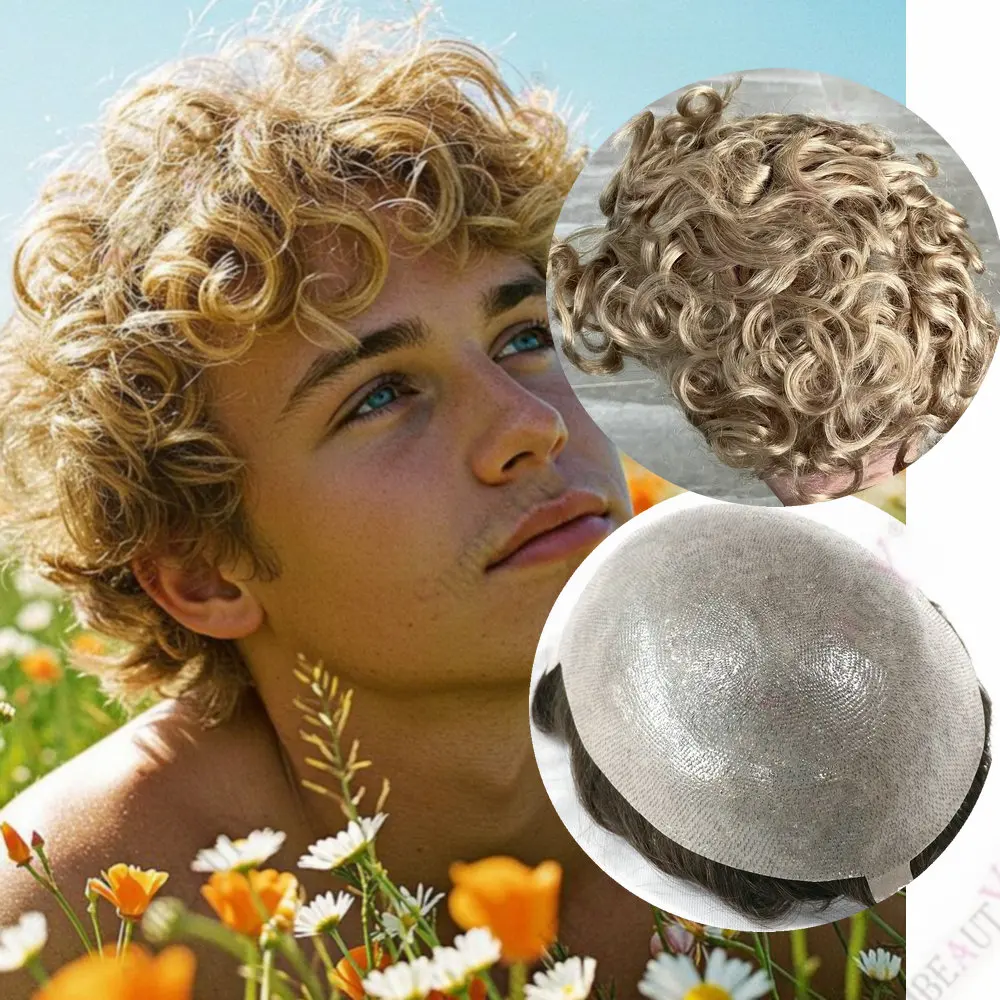 

Мужской парик-накладка из натуральных человеческих волос, 20 мм, кудрявый, светло-русый (22R), прочный, с тонкой полиуретановой основой 0.06 мм, система замещения волос