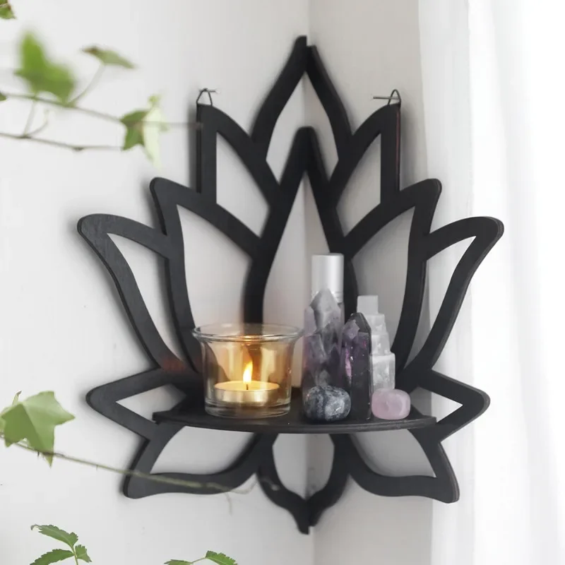 Wooden Lotus Hollow Decorative Rack Aromatherapy Organiser Essential Oil Candle Holder Wall Mounted Shelf Corner Shelf