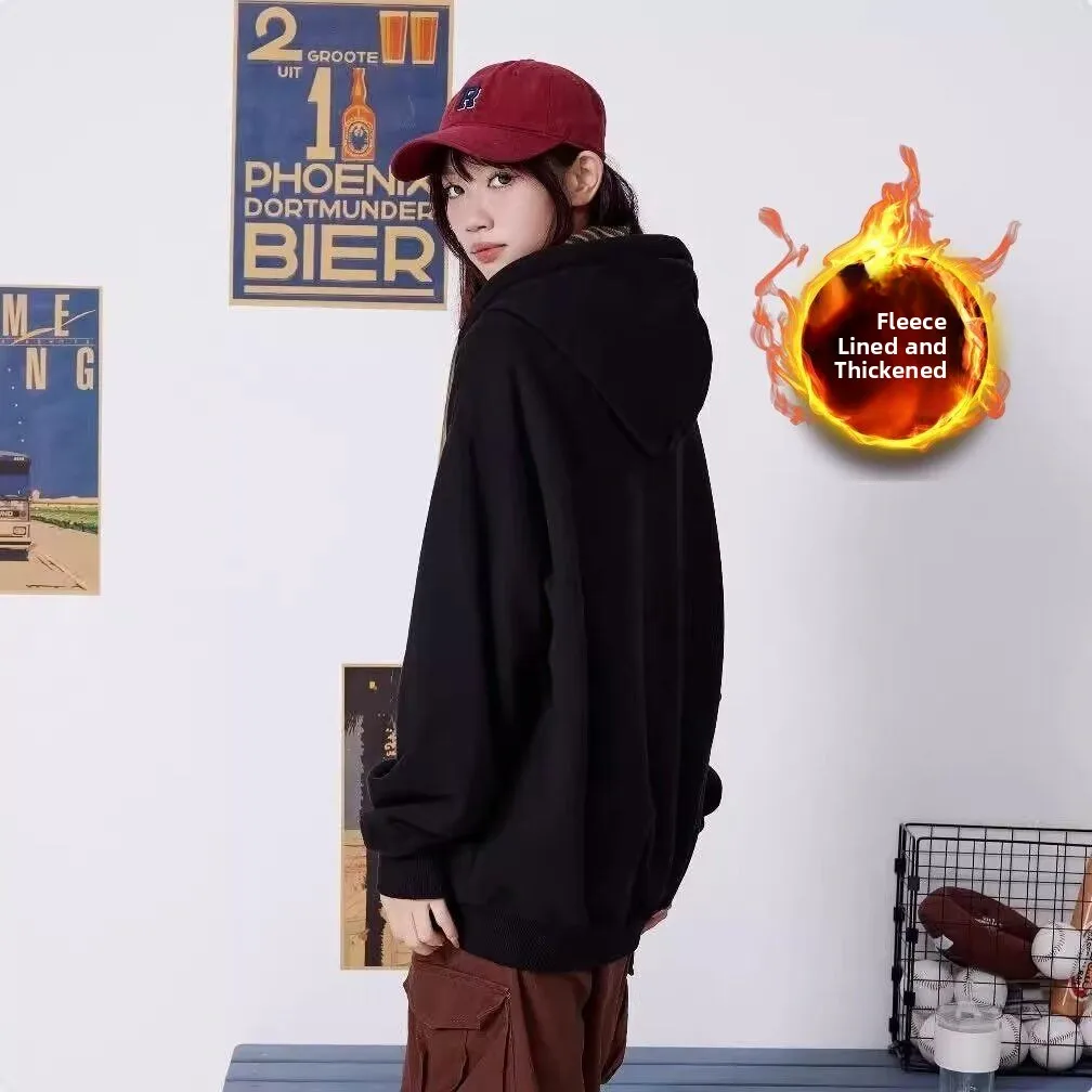 

Women's Fce-Lined Hoodie Jaet Loose Long Sve Zipper Letter Print Autumn Winter New Sle Faion Outerwear Coat