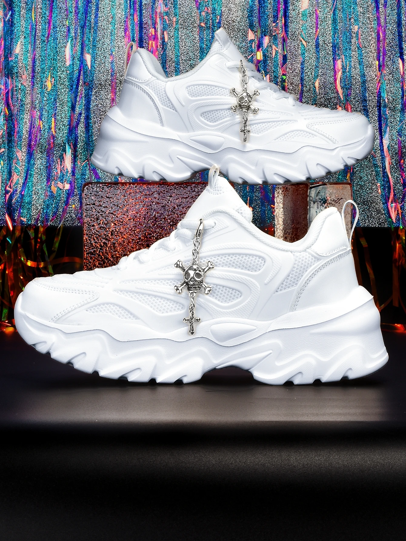 Women's 5cm Height-Increasing Thick-Soled Dad Shoes Y2K Sweet Cool Dark Style with Skull Cross Metal Chain Decoration, Breathable Mesh, Unique Wave-Shaped Sole, White Casual Sneakers, Student Daily Commute, Soft and Comfortable, Trendy Ins Style, Unique Design, Non-Crowded Niche Women's Shoes view 3