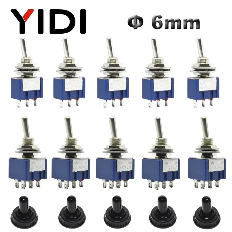 5pcs 10pcs MTS-102 103 MTS-202 203 Toggle Switch 6A 125VAC on on SPDT 6mm Mini Switch DPDT on off on Waterproof Cap