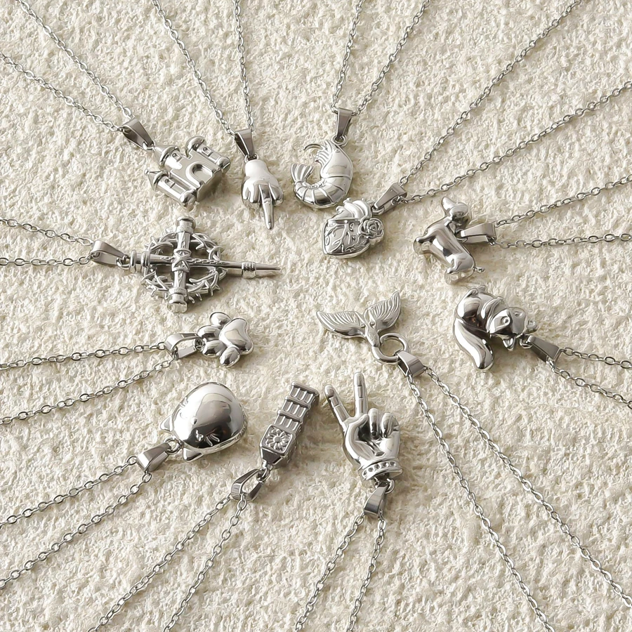 1Pcs Silver Plated Castle/Dog/Thorn Cross/Squirrel/Fish Tail/Cartoon Footprint 316 Stainless Steel Necklace Fashion Accessories