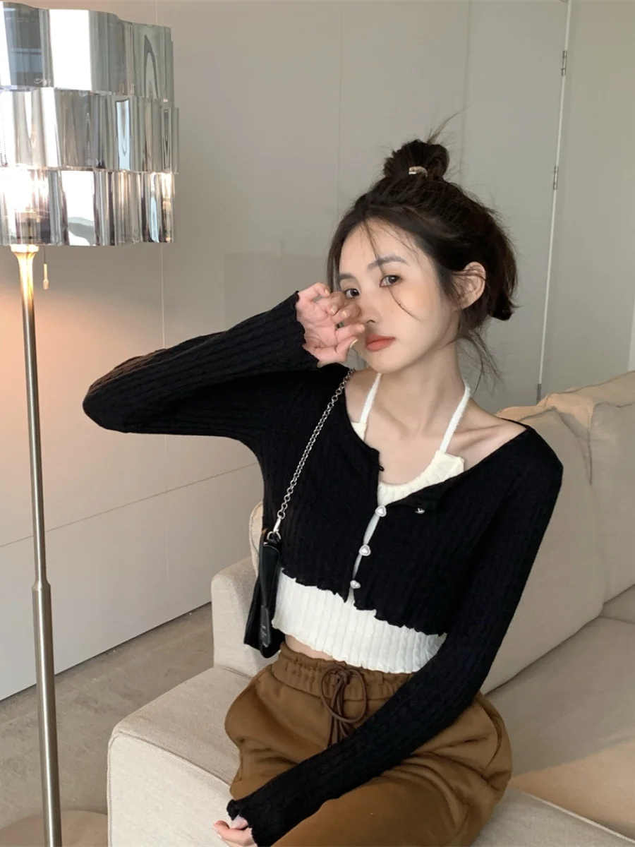 Korean Edition Sweet Knitted Cardigan For Women Spring Autumn New Versatile Long Sleeve Sweater Retro Mushroom Edge Short Top