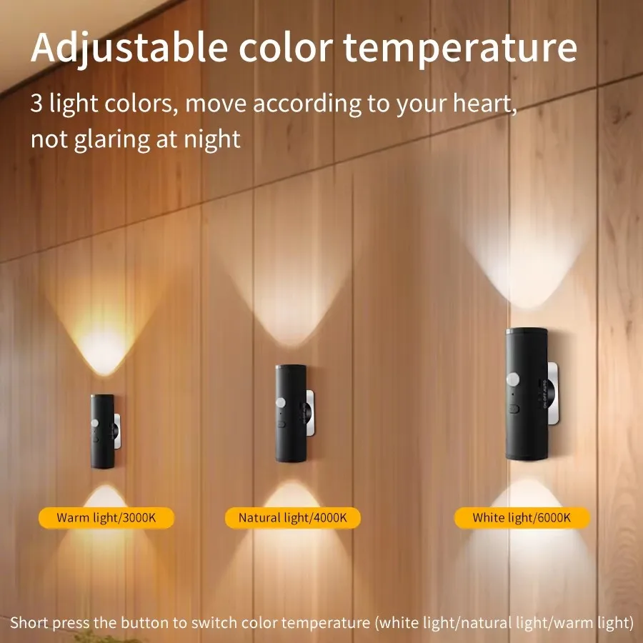 3 Colors PIR Motion Sensor Wall Light Rechargeable Up Down LED Magnetic Night Lamp for Porch Bedroom Hallway Stairs Decor