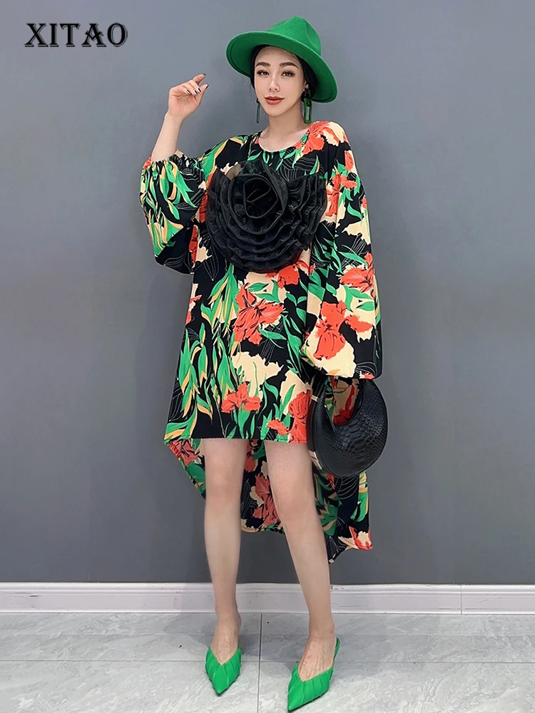 XITAO Printed Dress Three-dimensional Flower Casual New Personality Lantern Sleeve Loose Fashion Summer Loose Dress LYD1844