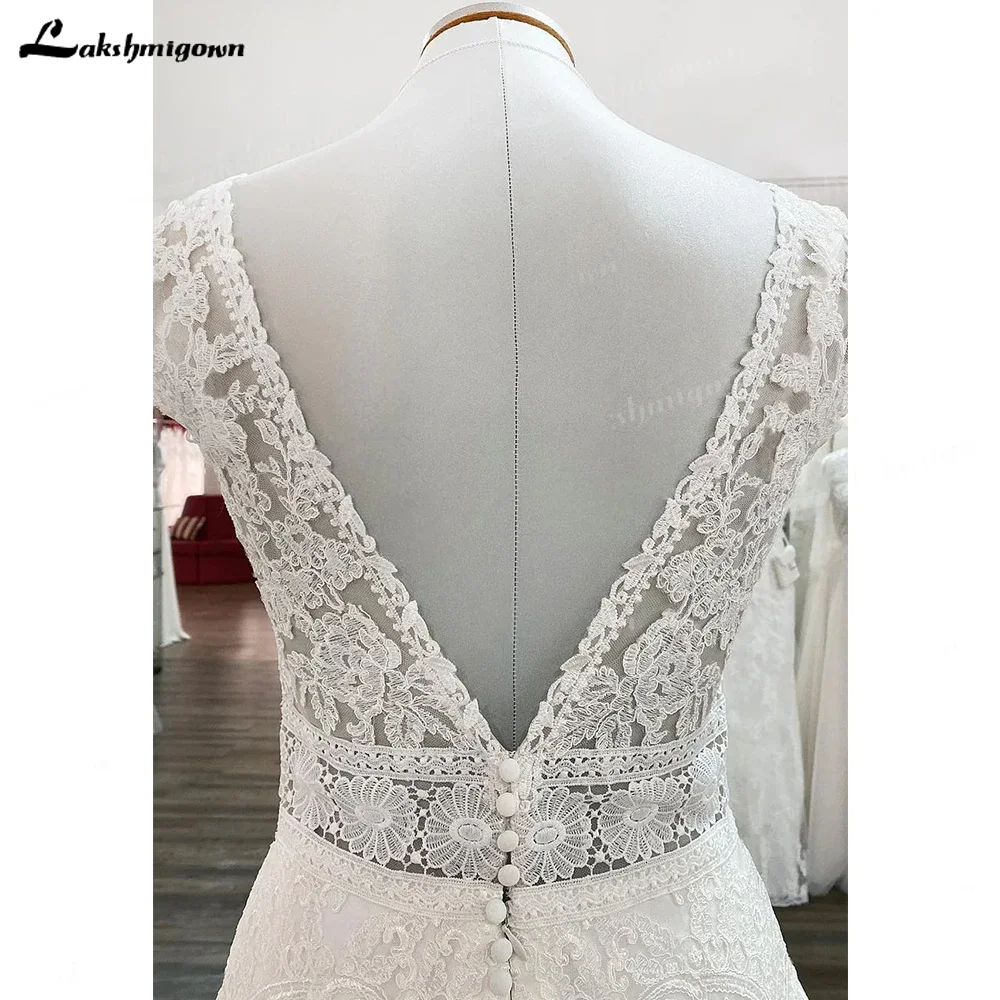 Robe de mariée en dentelle de luxe avec longue traîne, robe de mariée à col en V, longueur au sol, robe en fibre de tulle, robe féminine