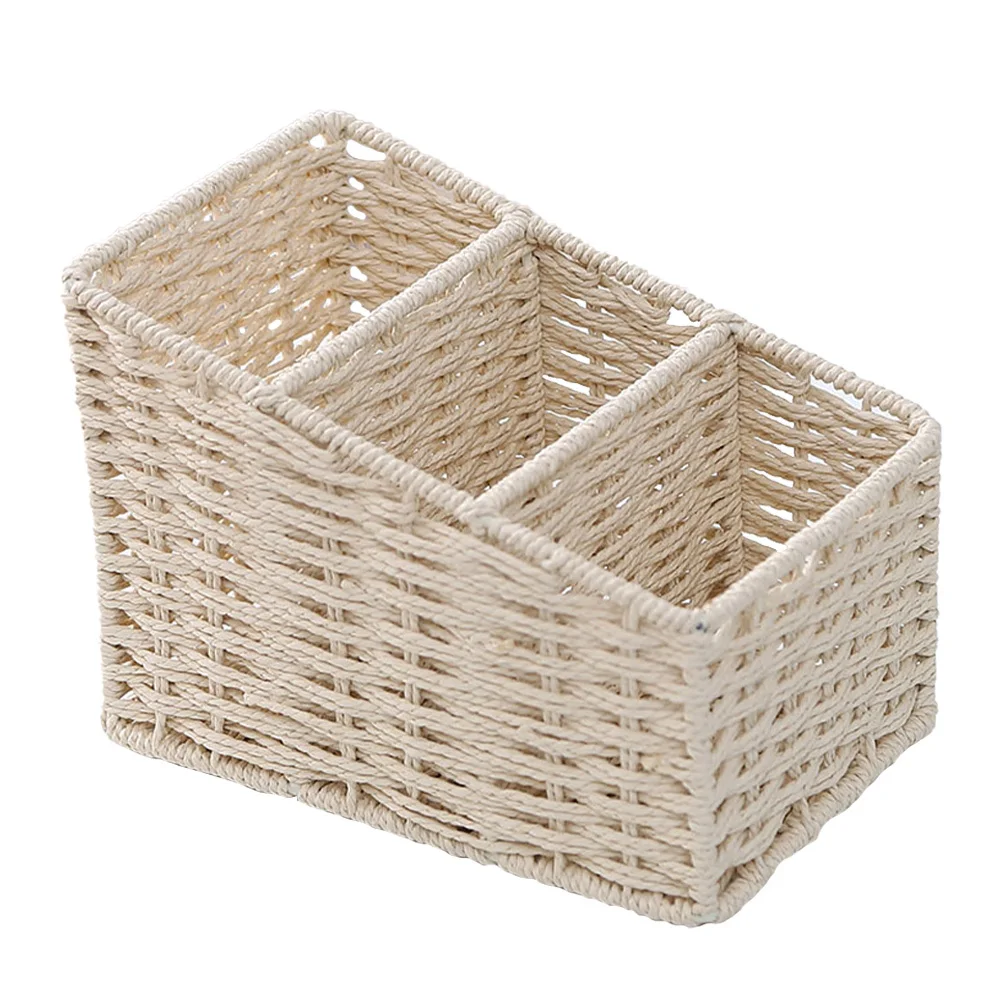 

Desktop Storage Box with Three Grids Trapezoidal Shape Simulated Hand Woven Texture Strong Iron Frame Neat Home Office