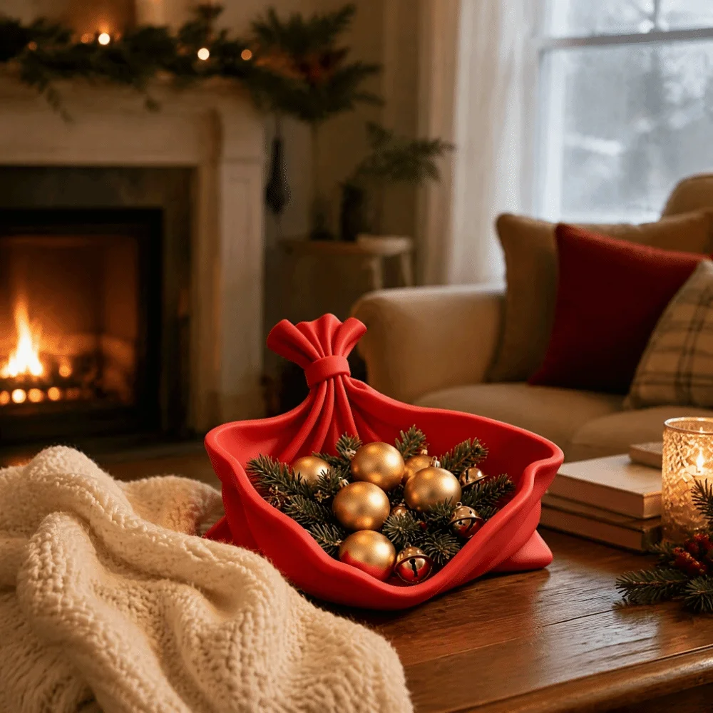 Gefaltetes Weihnachts-Dekorations-Aufbewahrungstablett, einfarbig, vielseitig einsetzbar, in Form einer Geschenktüte, lustiges, elegantes 3D-Drucktablett, Weihnachtsparty – Detail 3