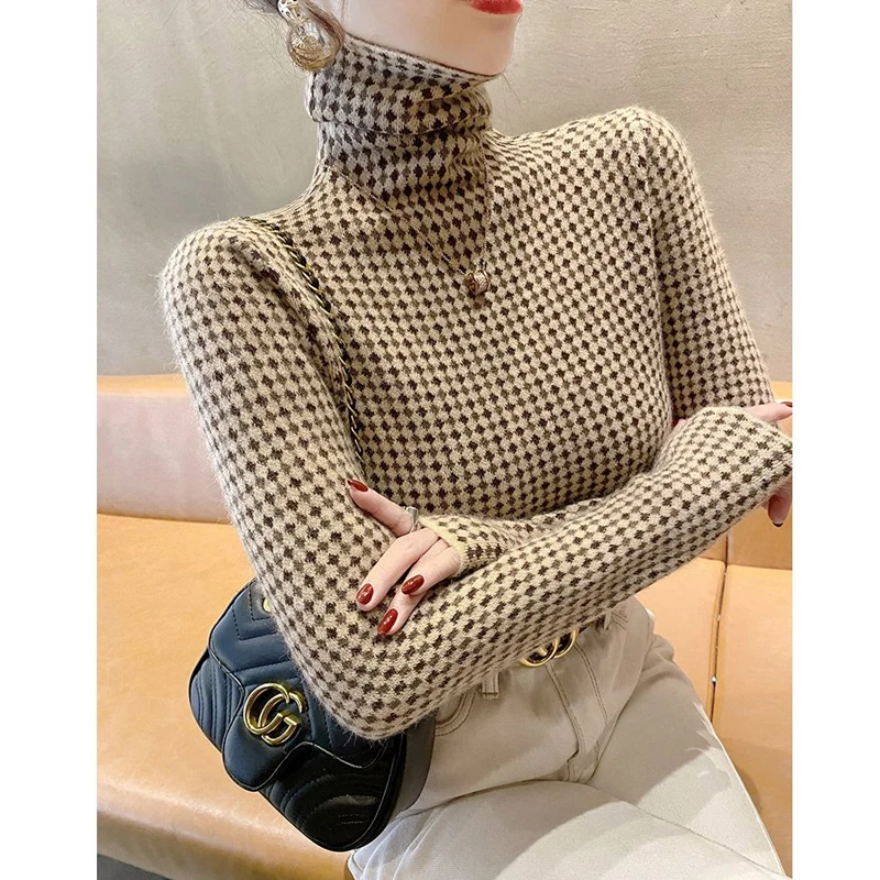 Women Clothing Autumn Winter Korean Fashion Elegant Turtleneck Warm Knitted Sweater Casual Long Sleeve Slim Pullover Tops Jumper