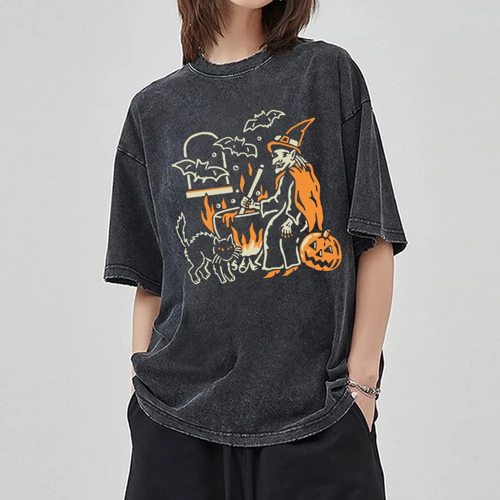 Summer 2024 New Women's Short Sleeve Oversized Halloween Theme Pumpkin Print Wash Unisex T-Shirt Casual Retro Wear Men