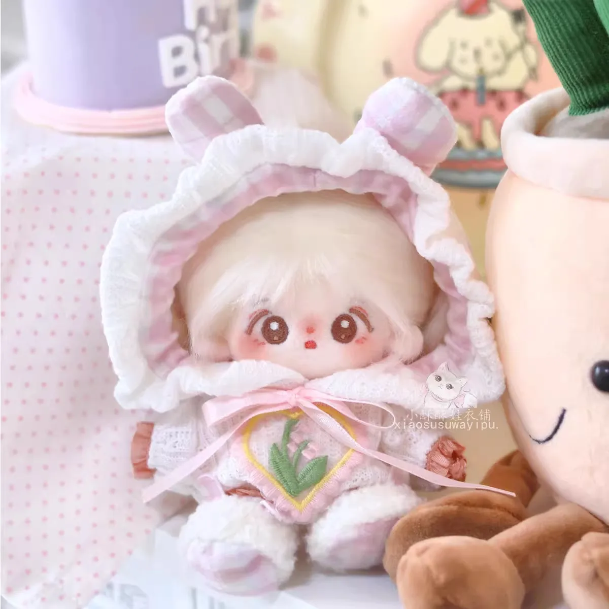 Original Animal Rabbit Ear Knit Pajamas Party Suit For 10cm Doll Toy Pink Blue Clothes Costume Cosplay Gift Cute Lovely