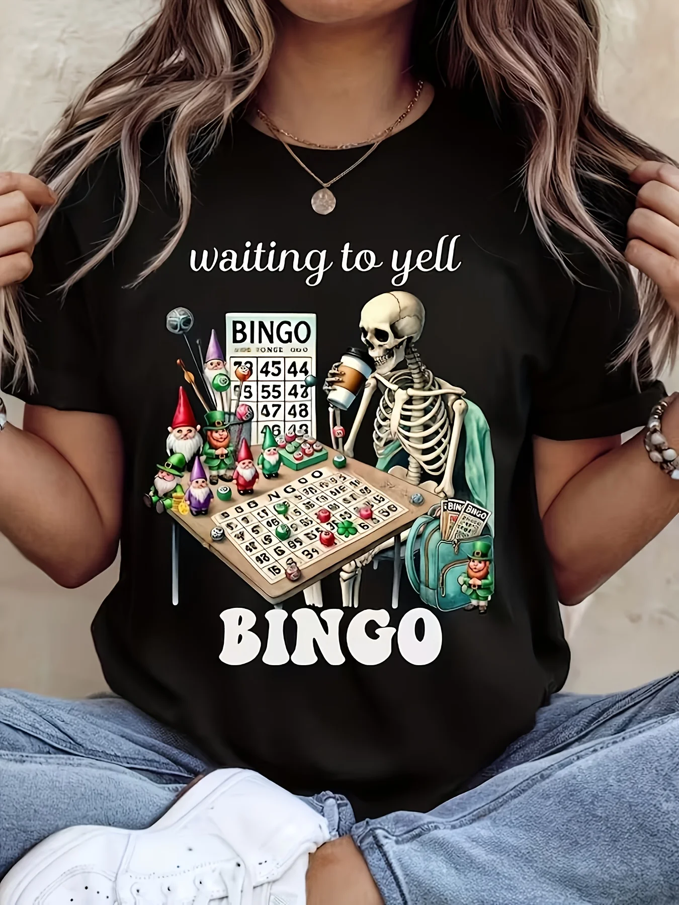 T-shirt Fun Bingo Game - Comprend un motif de boule de bingo et le numéro 75, haut décontracté à col rond et manches courtes, adapté aux adultes