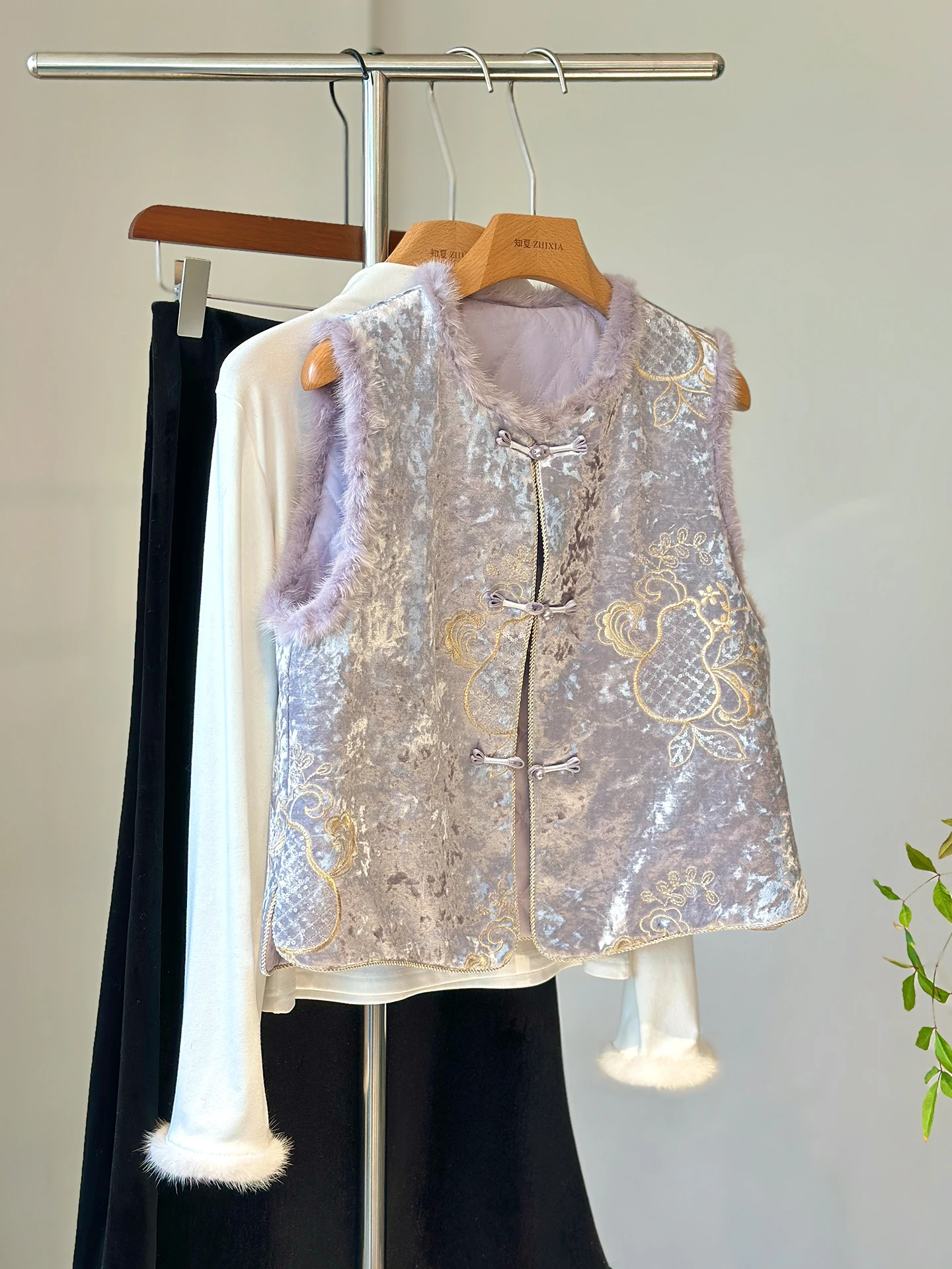 

Purple High-Grade New Chinese Velvet Vest Young Quilted Outer Wear Style Embroidery Waistcoat