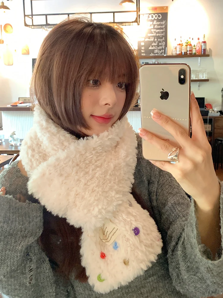 Thick Plush Button Soft Cozy Scarf Women's Autumn Winter Korean Style Student Warm Versatile Neck Warmer Trendy Long Rectangle