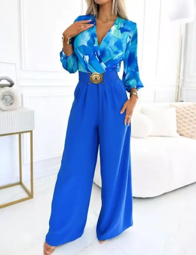 Women's Tie Dye Print Patchwork Ruched Overlap V-Neck Lantern Sleeve Jumpsuit Casual Elastic Back Waist Wide Leg Jumpsuit