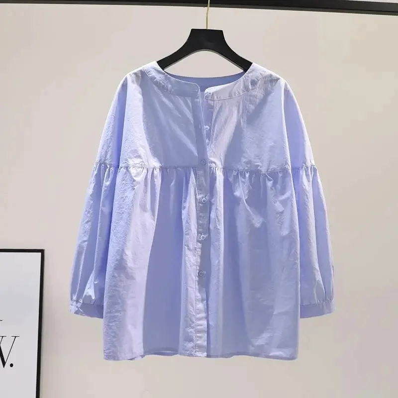 Spring Summer Female Round Neck Cardigan Blouse Korean Women Loose Fit Shirt Tops Coat Little Fresh Female Fashion Shirt  Jacket