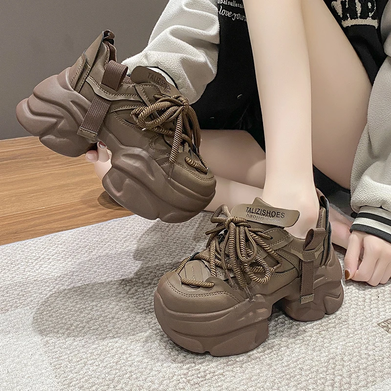 8CM Autumn Spring Women Non-slip High Platform Shoes Wedge Heels Casual Height Increasing Chunky Sneakers Women Leather Shoes