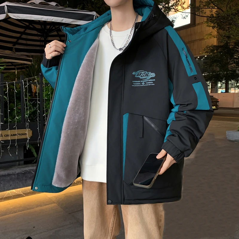 Fashion Casual Hooded Plush Jackets Outwear Windproof Warm Fleece Liner Coats 2025 Autumn Winter Youth Thicken Parkas Clothing