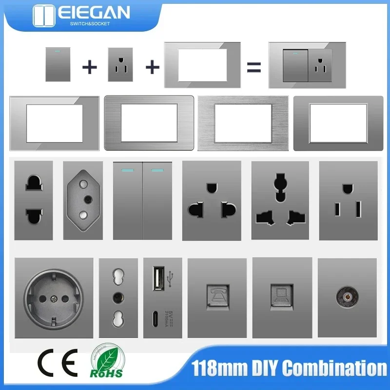 118mm Tempered Glass/PC Panel EU UN BR Power Socket And Wall Switch Module DIY USB Type-C Computer Free Combination Function