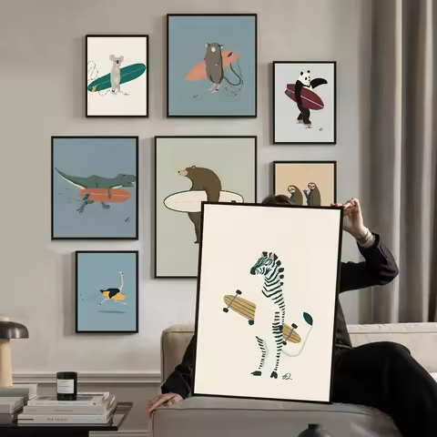 Funny Surfing Animal Whitepaper Poster Retro Kraft Paper Sticker DIY Room Bar Cafe Vintage Decorative Painting