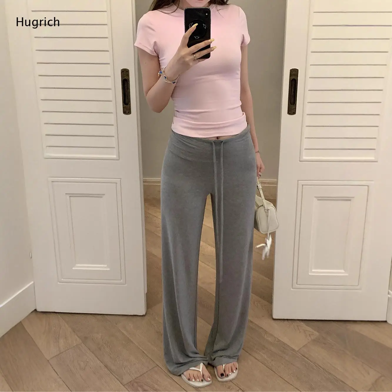 High Rise Fold Over Waist Drawstring Micro Flare Pants Soft Knit Slim Fit Casual Lounge Trousers