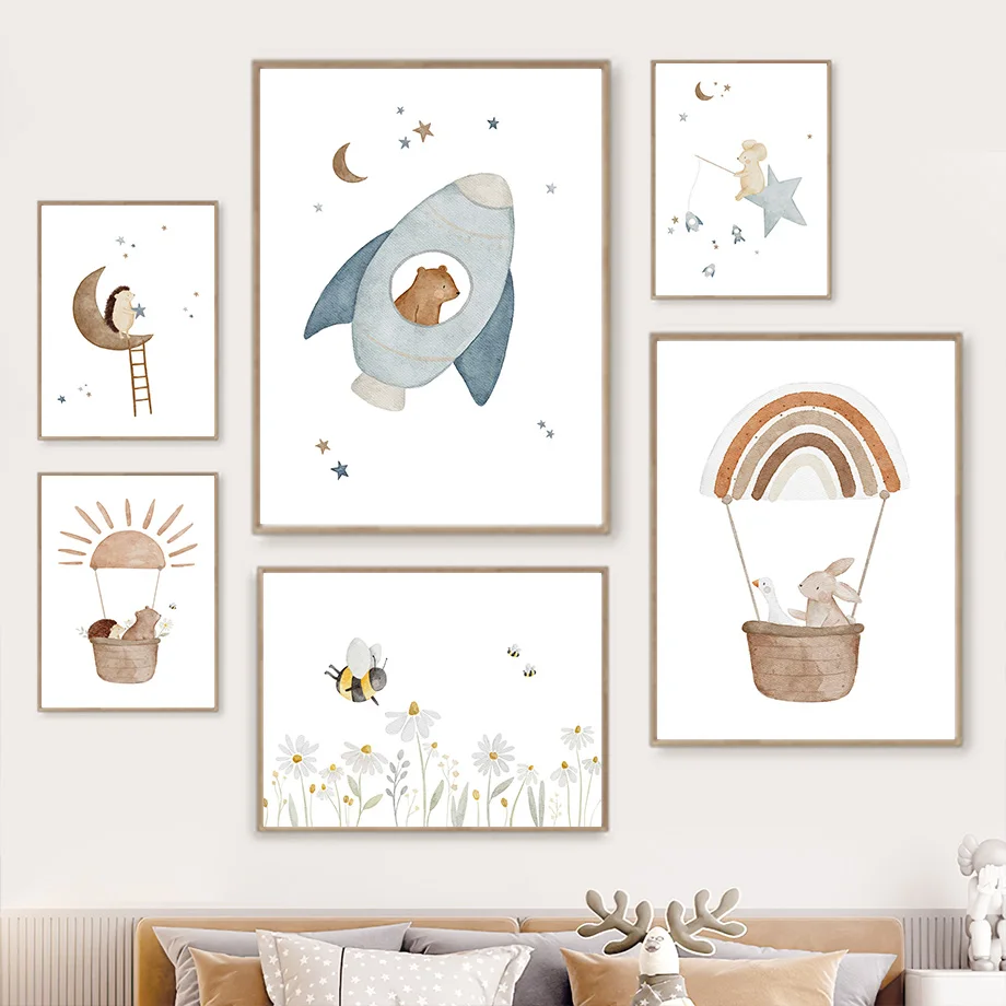 

Cartoon Animals Nursery Wall Art Mural Rabbit Hedgehog Fox Bear Posters Canvas Painting Prints Pictures Baby Kids Bedroom Decor