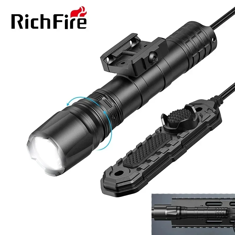 Richfire Rifle Tactical Flashlight 1800Lumens Remote Pressure Switch M-Rail Rechargeable Torch Light for Hunting Camping