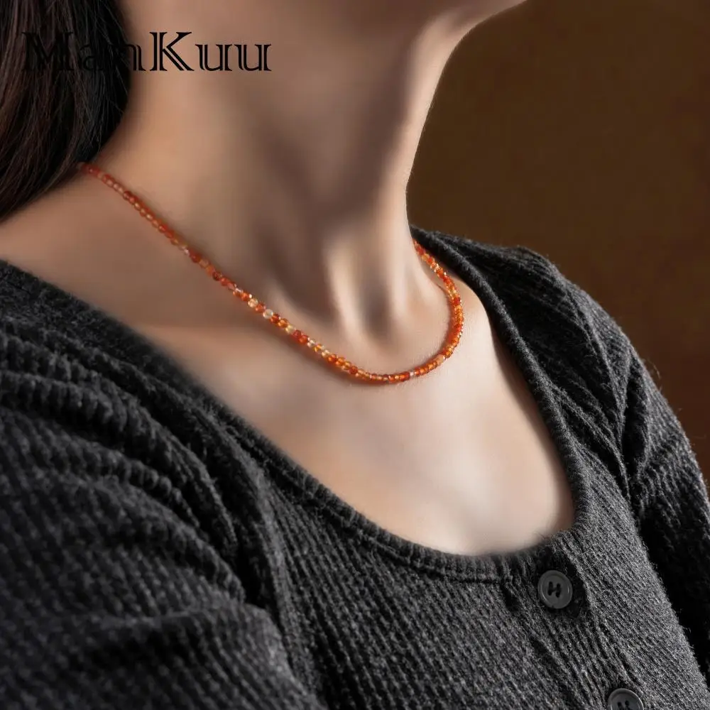 MANKUU Natural 3mm Faceted Bonus Agate Bead Necklace Adjustable 40+5cm Gold Clasp Orange Stone Jewelry Women Release Mood Relax