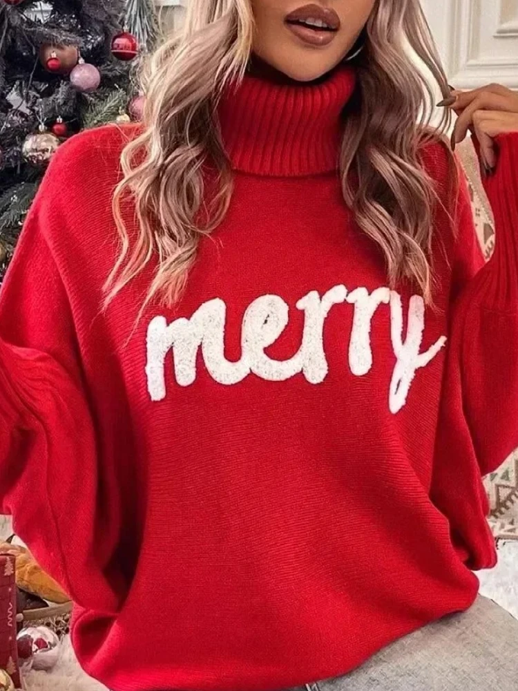 

Autumn Winter New in Knitted Women's High Neck Loose Comfortable Fashionable Elegant Warm New Year's Christmas Sweater Tops