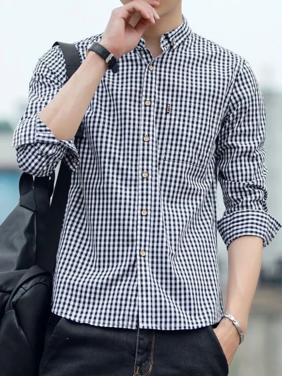 

Мужская рубашка в стиле ретро с клетчатым узором, хлопок, весна-осень, приталенный крой, повседневная, свободная, молодежная, модная, длинный рукав, тонкая, с воротником.