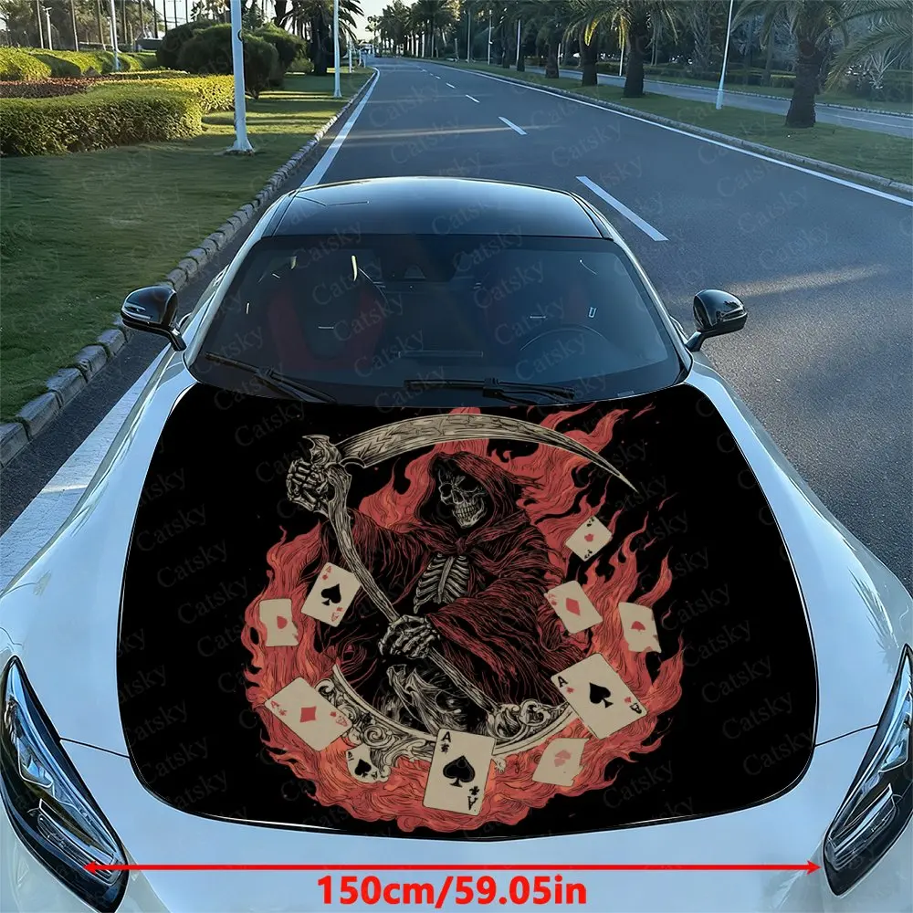 Flame Card Skeleton Car Hood Vinyl Wrap - Waterproof Self-Adhesive Decal, Fit For Most Cars, Durable Surface Protection, Auto Ac