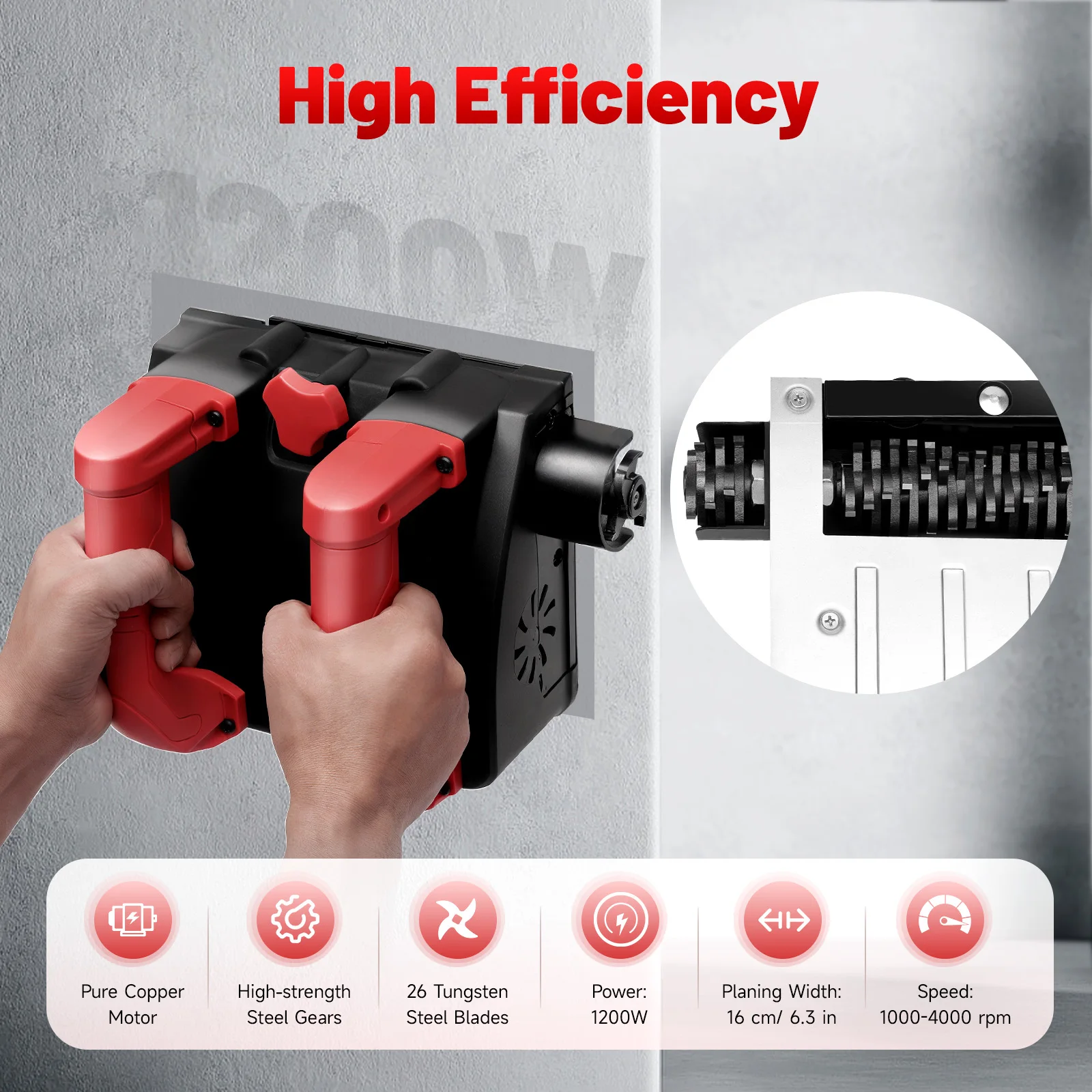 Elektrischer Wandhobel 1200W Spachtelmaschinenentferner 26 Klingen Variable Geschwindigkeit 1000-4000 U/min 16cm Hobelbreite Einstellbare Tiefe 1-4mm Wand Decke Boden Renovierung Innen- und Außenbereich EU-Stecker 220V – Detail 2