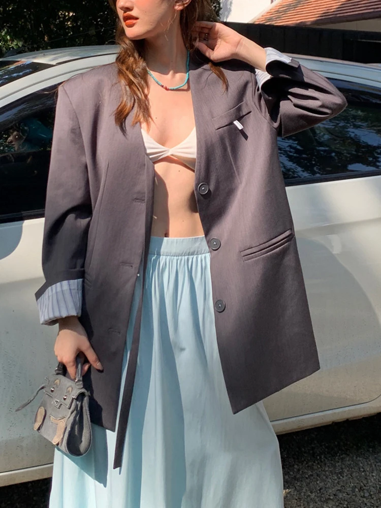 TLXT 솔리드 컬러 정장 재킷 여성용 v 넥 긴 소매 싱글 브레스트 리본 디자인 루스 코트 2025 Spring New XK1021