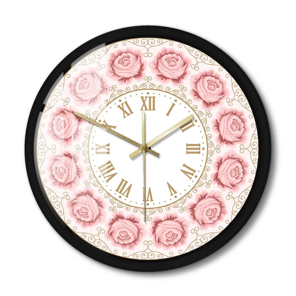 

Pink Rose Vintage Metal Frame Wall Clock Silent Roman Numerals Floral Chic Home Décor Wall Watch For Girl Room Living Room