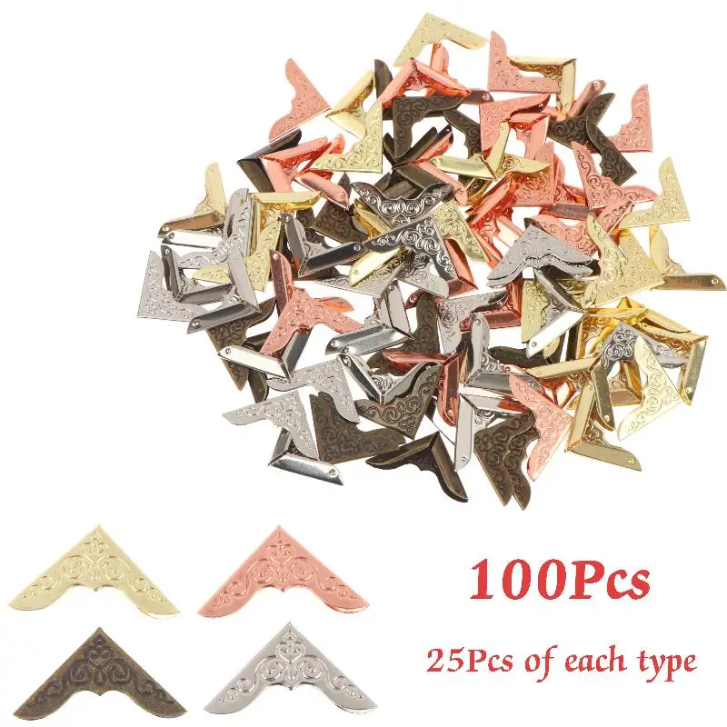 100Pcs Vintage Metal Corner Protector Retro Carved Pattern Book Case Corner Guard Anti Collision Decorative Angle Bracket